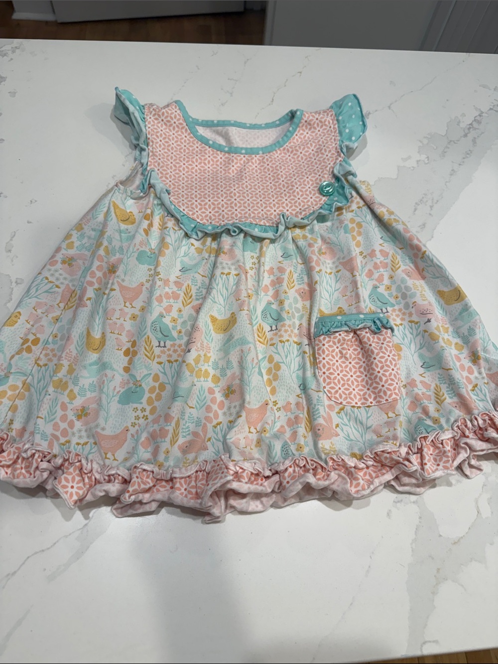Girls Pastel Bird Print Ruffle Dress Top - Mint & Peach